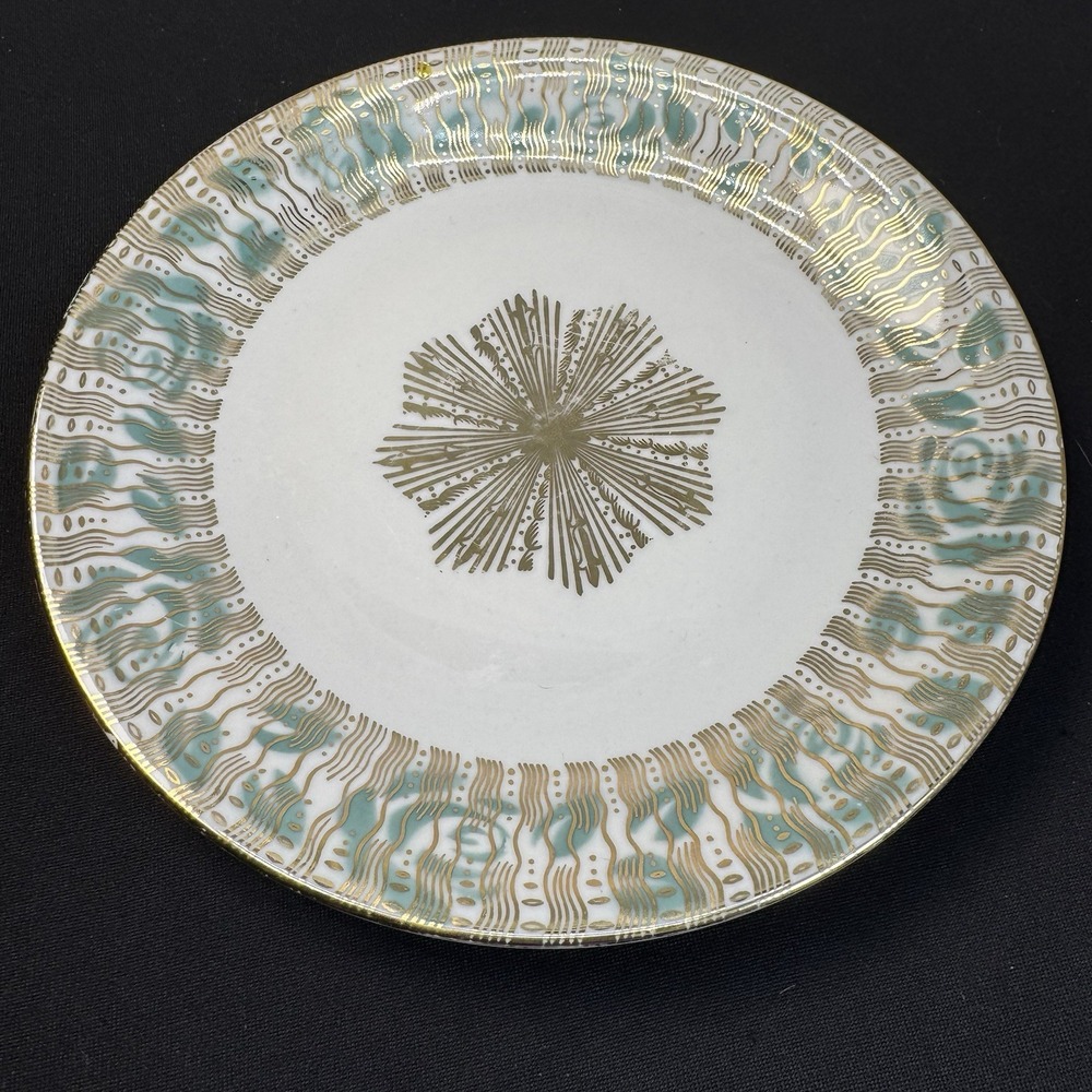 Antique Bavarian China 7.5" Plate Green & Gold Geometric‎ Design